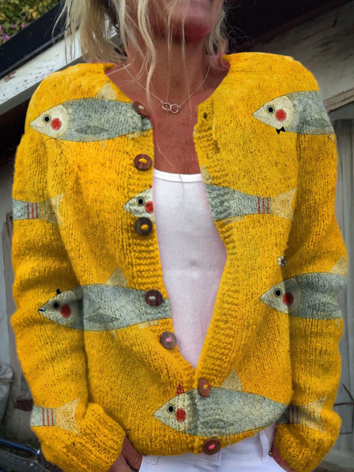 Anouk - Cardigan a maglia vintage con stampa di pesci