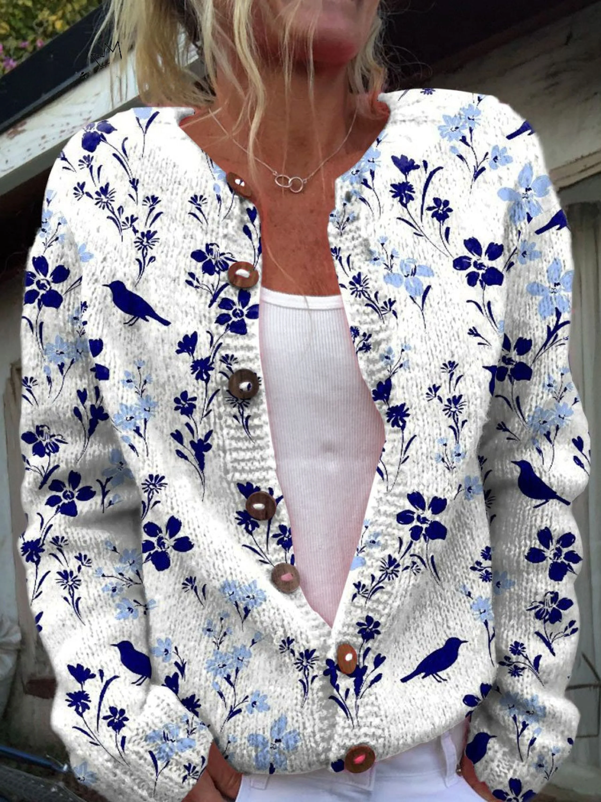 Vynora - Cardigan a maglia con stampa di uccellini vintage