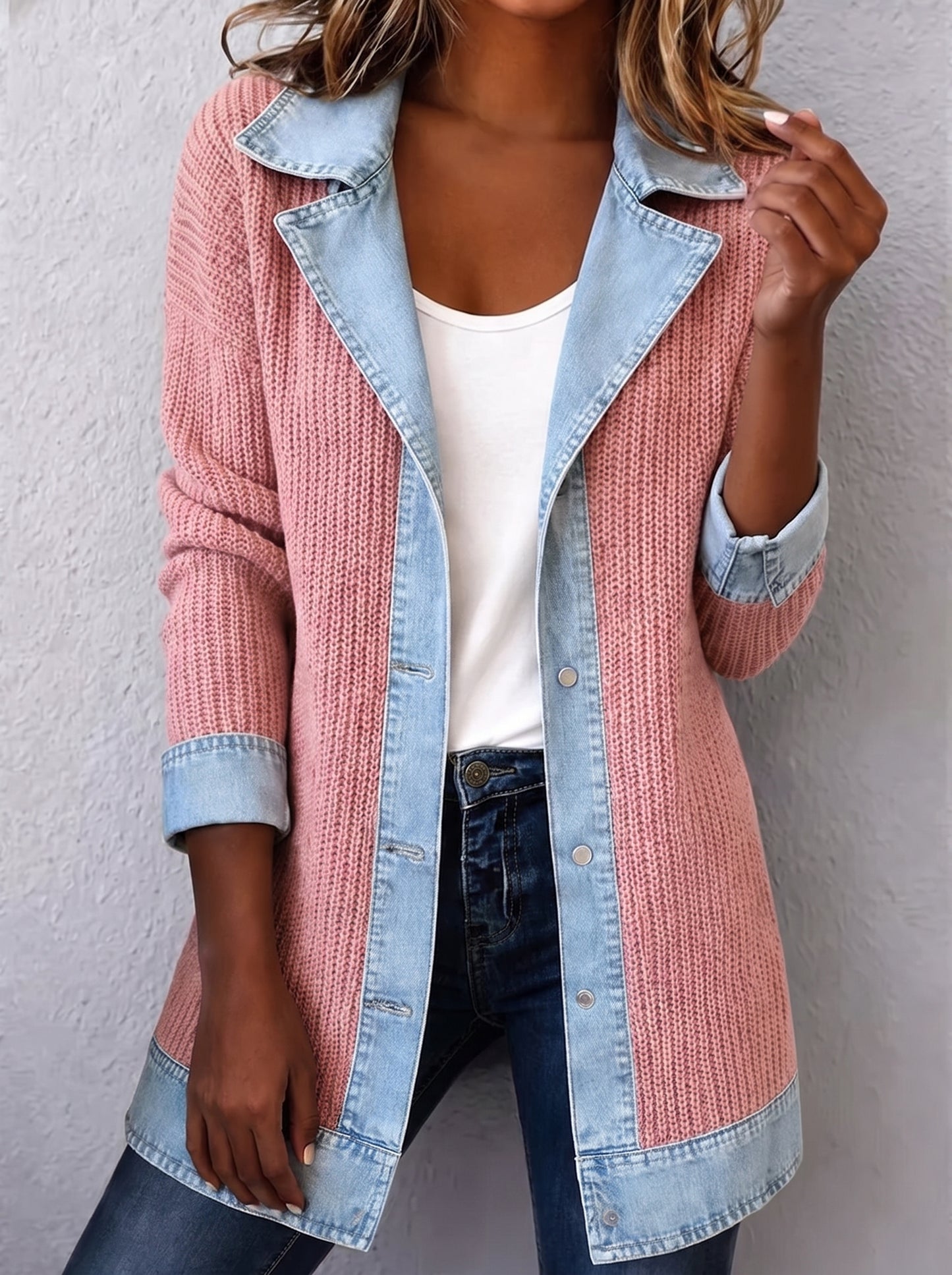 Élise™ | Cappotto in Maglia Costina con Inserti in Denim