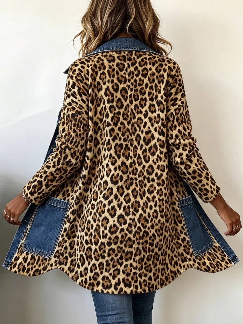 Lorena™ — Giacca lunga leopardata con inserti denim, vista posteriore