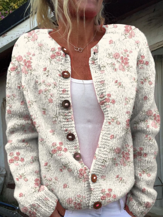 Evanthea - Cardigan a maglia vintage a rose rosa