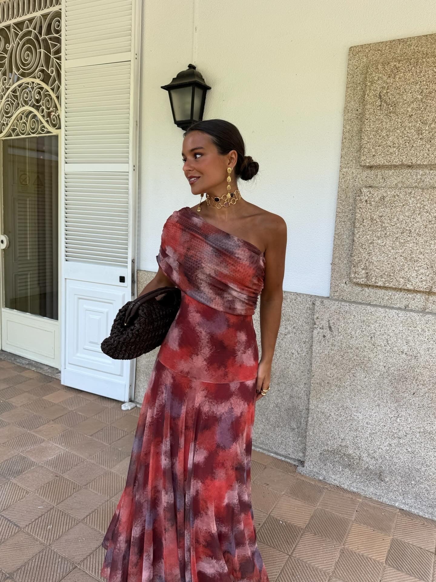 Vestido largo off-shoulder acuarela Vetro