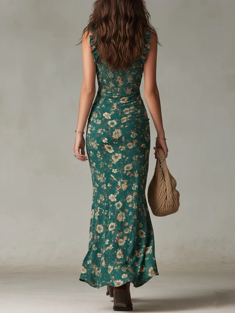 Abito Maxi Stampato Verde Bohemien con Maniche Ruffle
