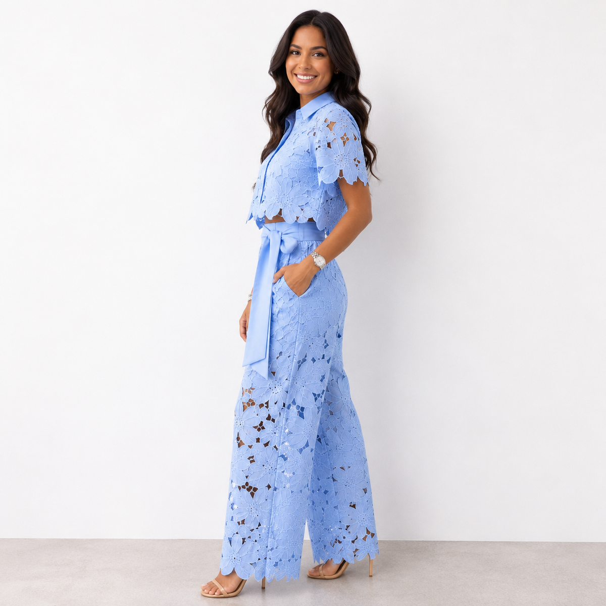 Valeria™ Completo con Pizzo Floreale - Azzurro