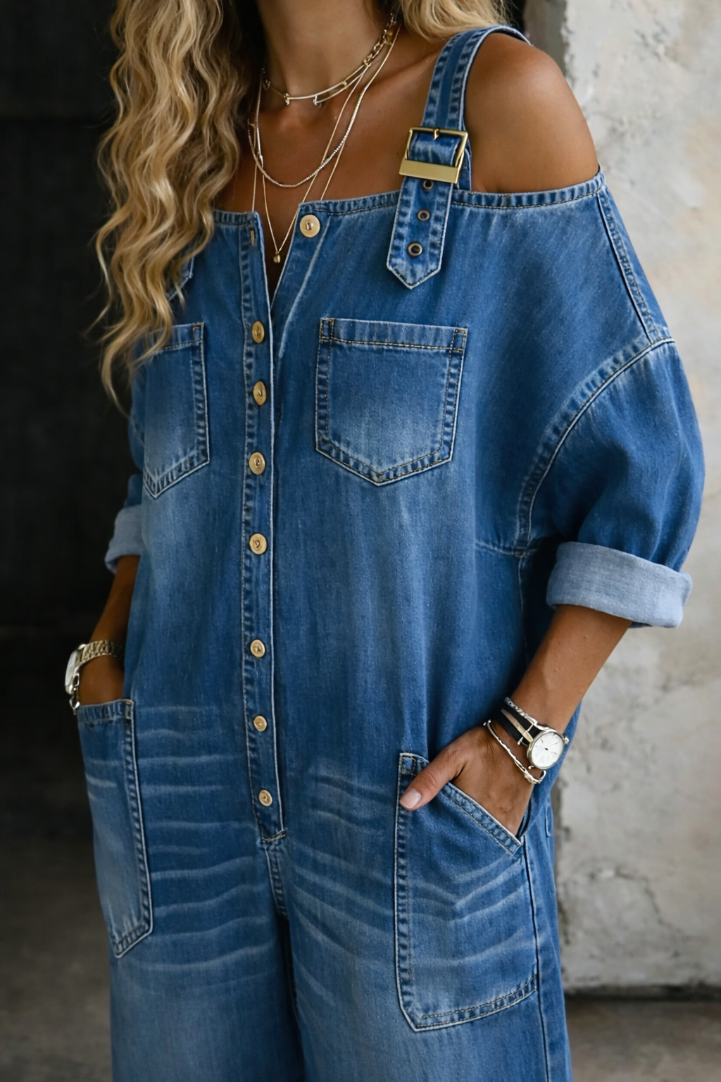Sophia salopette denim spalle nude