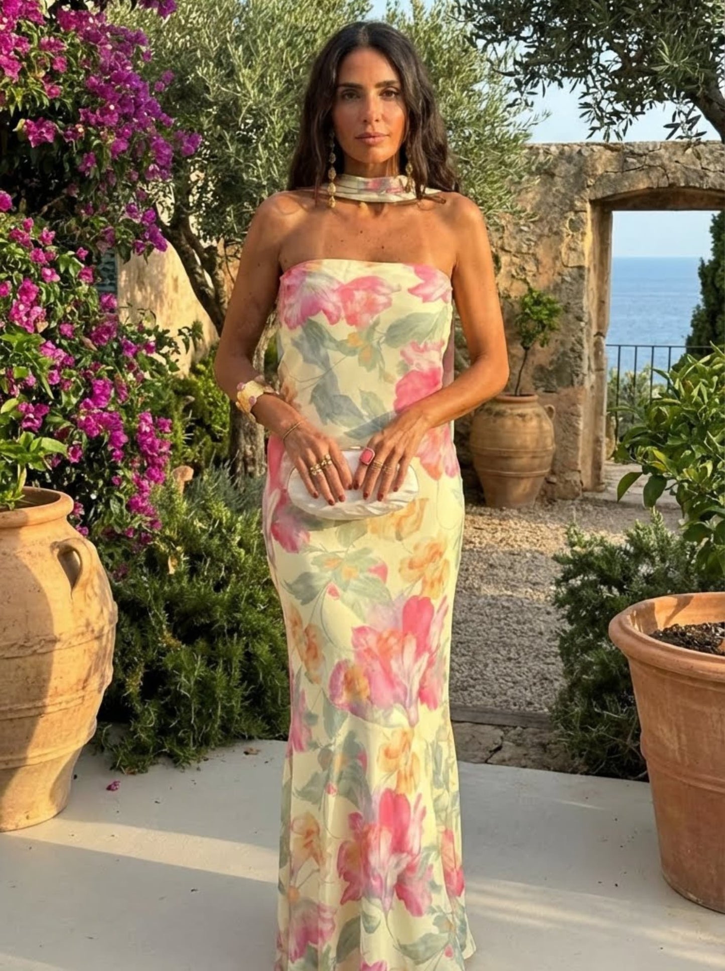 Hedda lång strapless klänning med blommigt akvarellmönster – Vetro