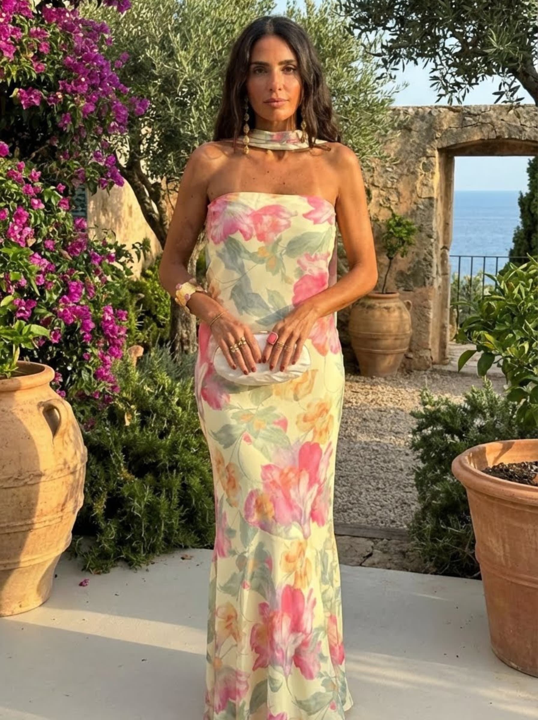 Hedda lång strapless klänning med blommigt akvarellmönster – Vetro