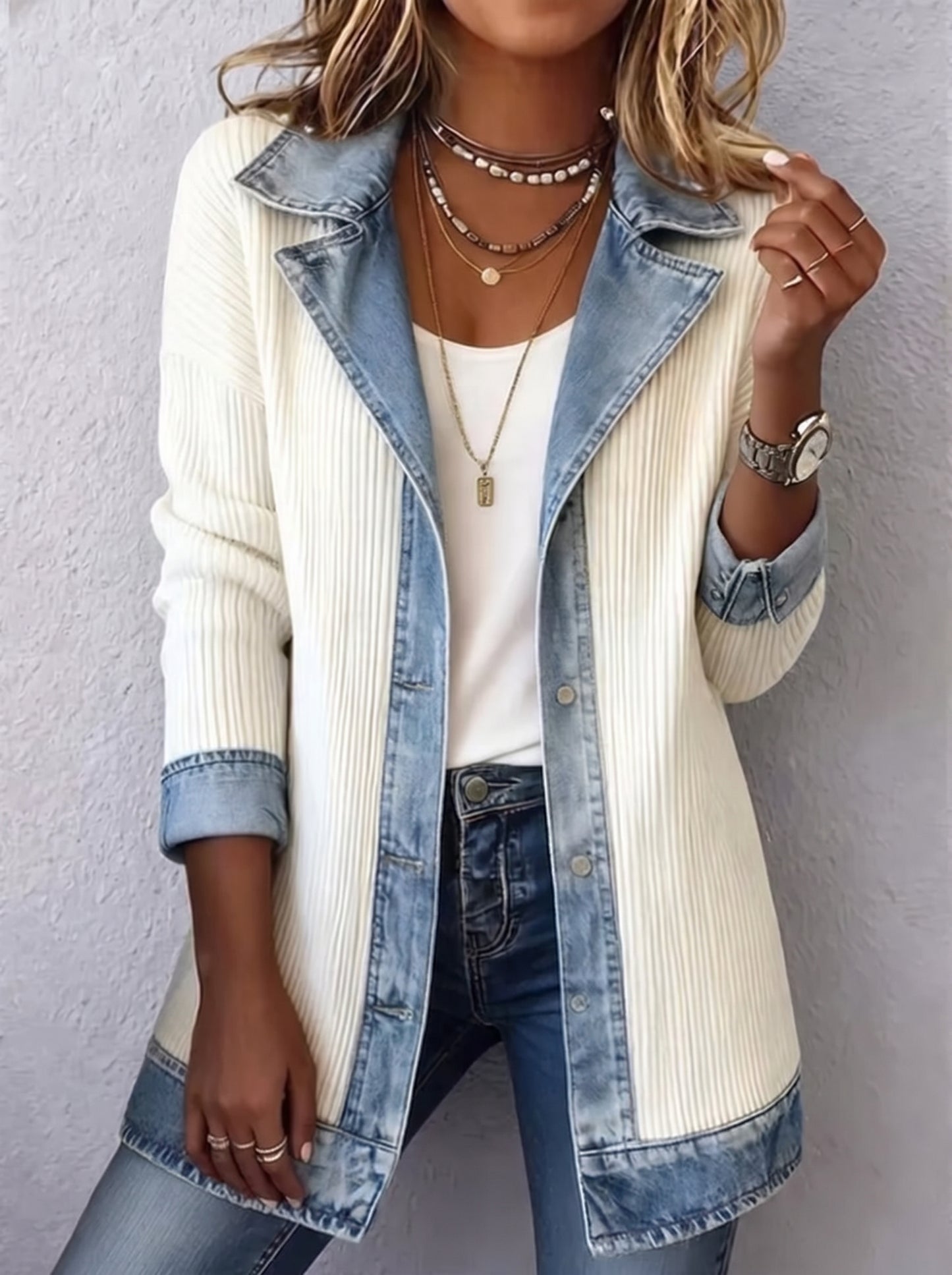 Élise™ | Cappotto in Maglia Costina con Inserti in Denim
