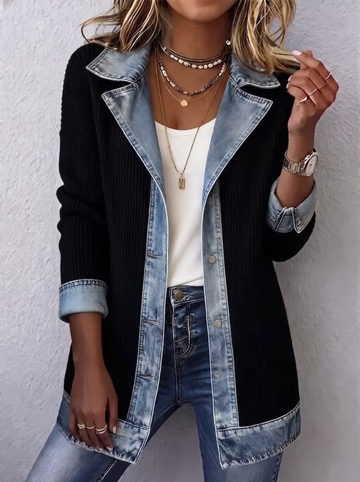 Élise™ | Cappotto in Maglia Costina con Inserti in Denim