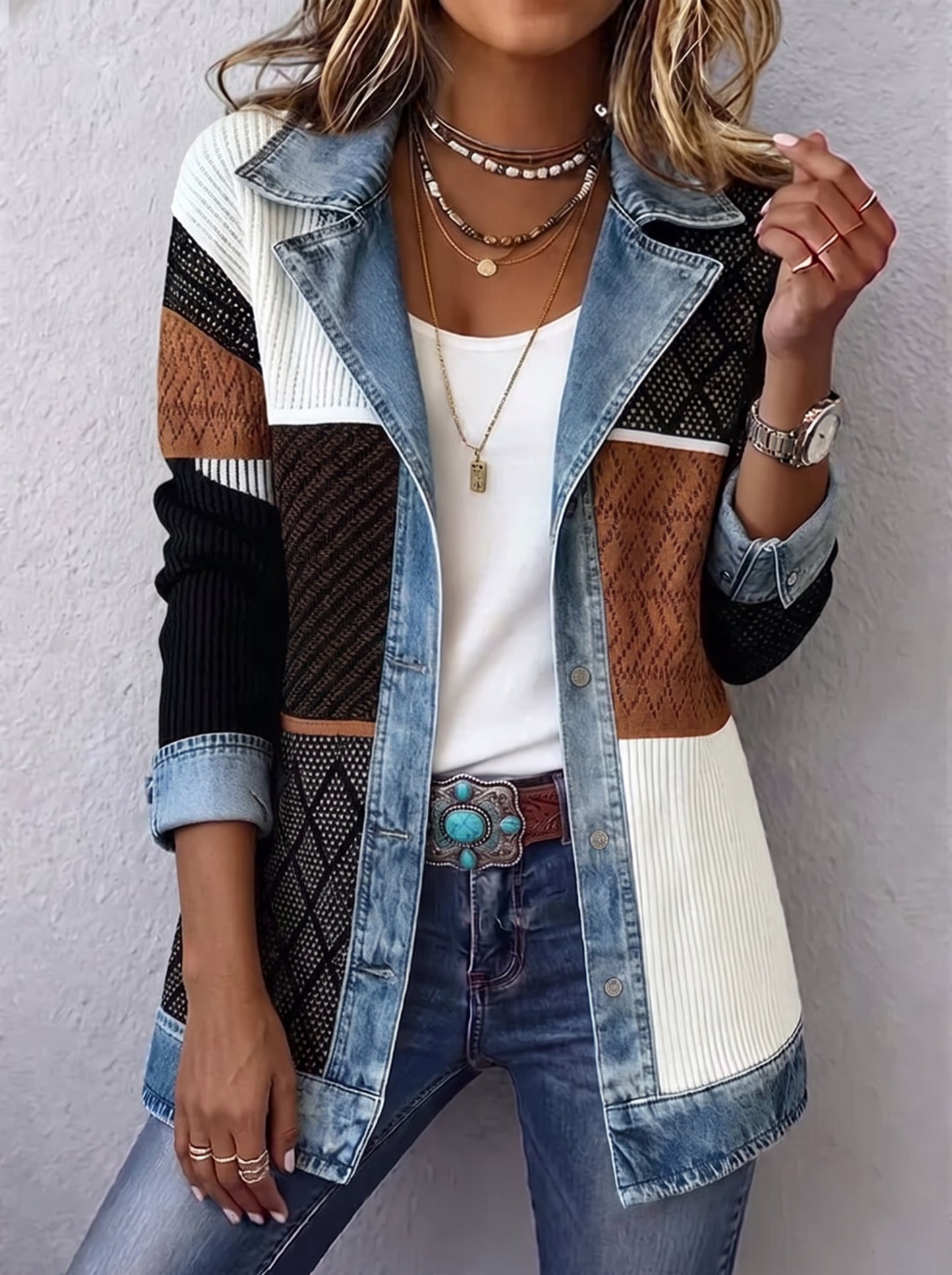 Élise™ | Cappotto in Maglia Costina con Inserti in Denim