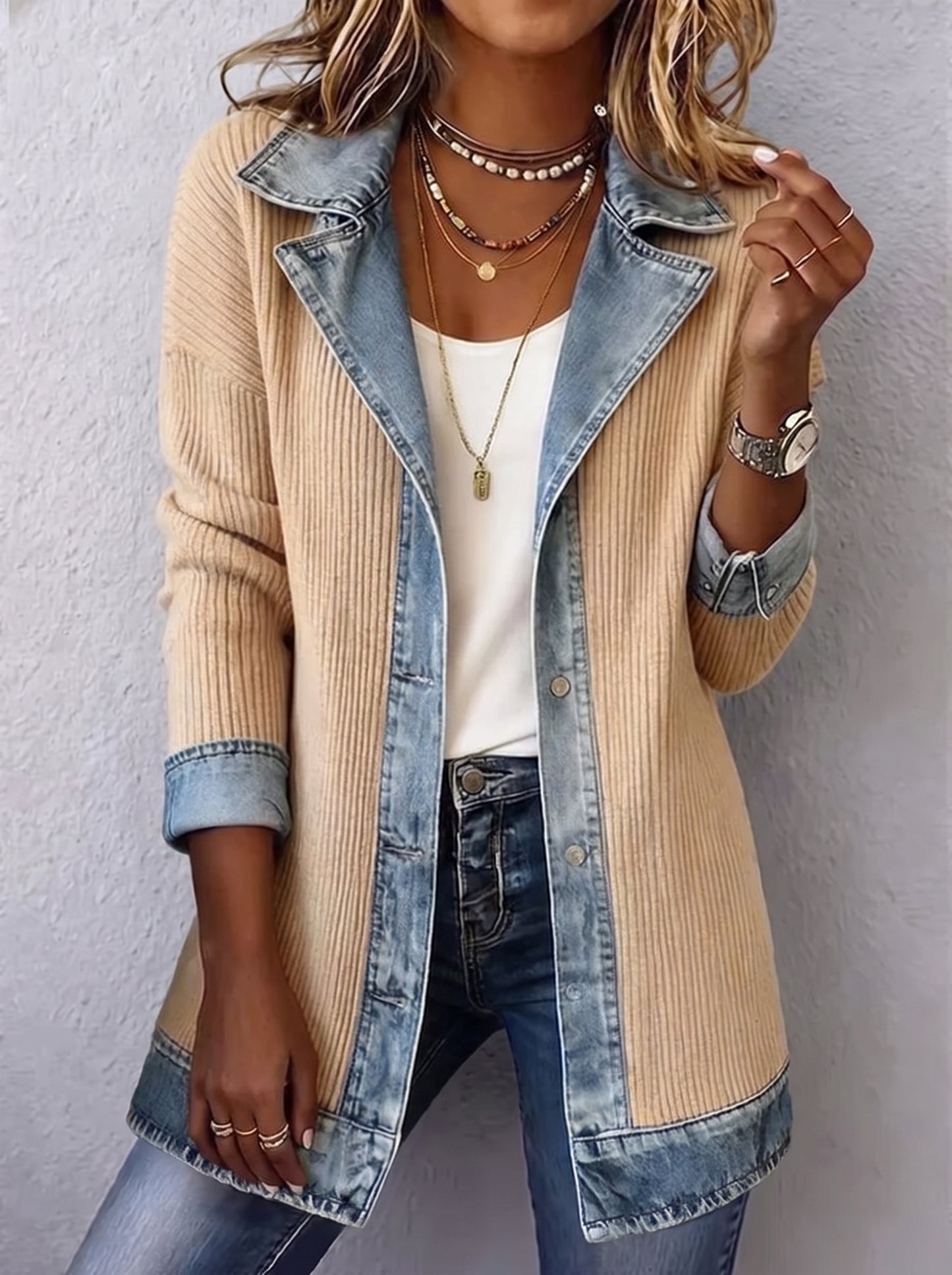 Élise™ | Cappotto in Maglia Costina con Inserti in Denim