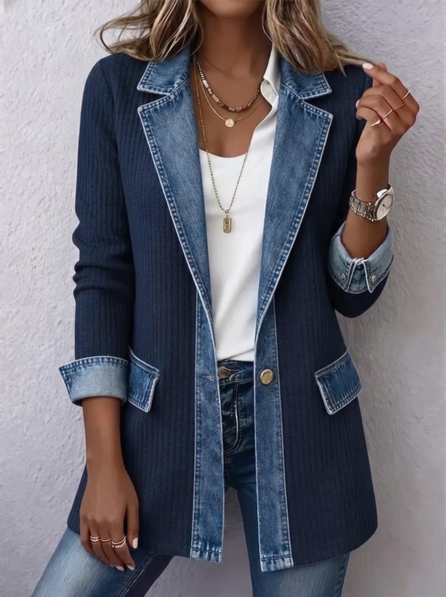 Élise™ | Cappotto in Maglia Costina con Inserti in Denim