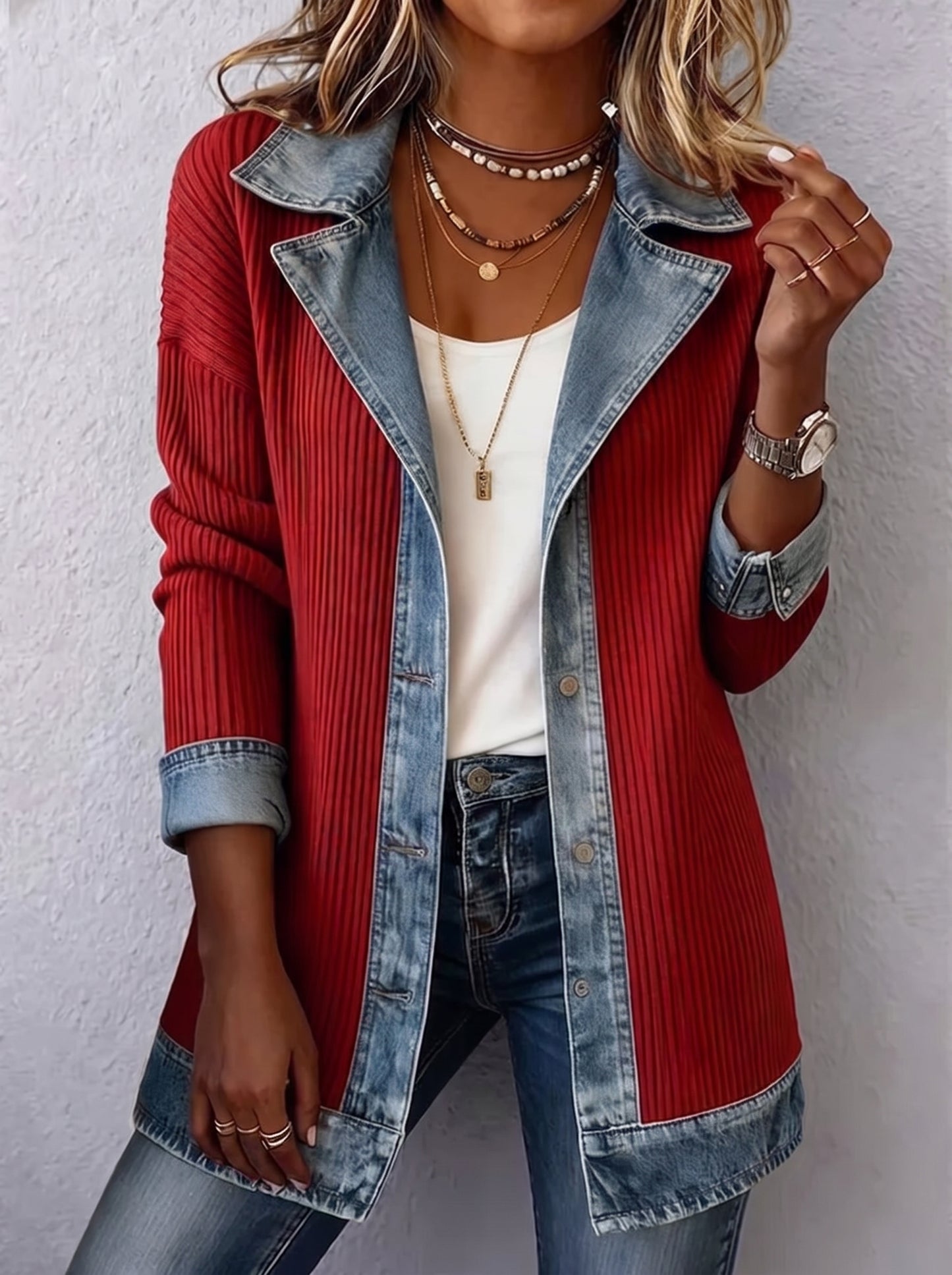 Élise™ | Cappotto in Maglia Costina con Inserti in Denim