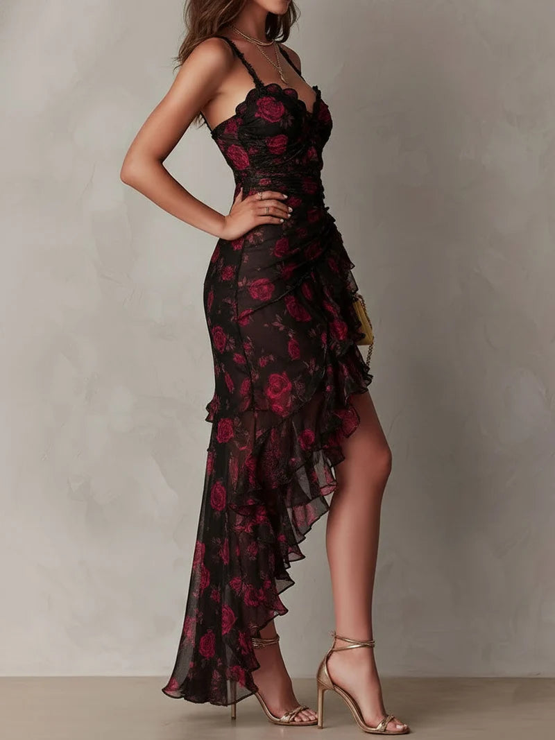 Abito Chic Nero e Rosso con Fiori e Rouches