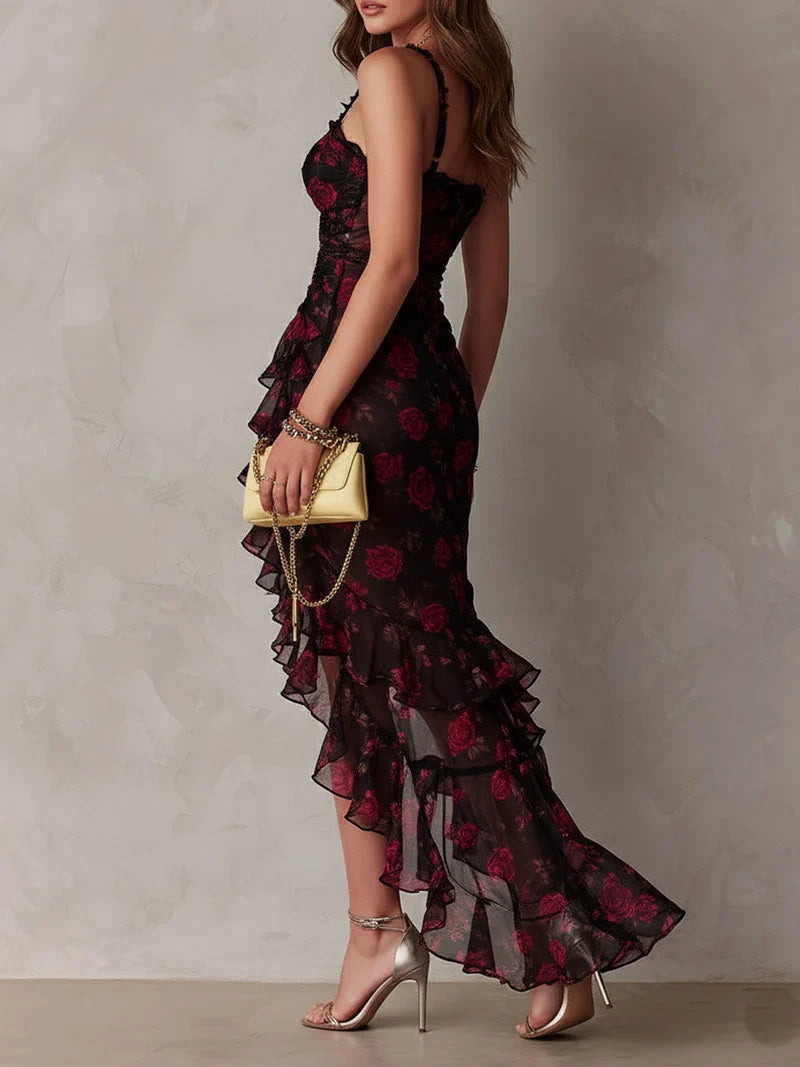 Abito Chic Nero e Rosso con Fiori e Rouches