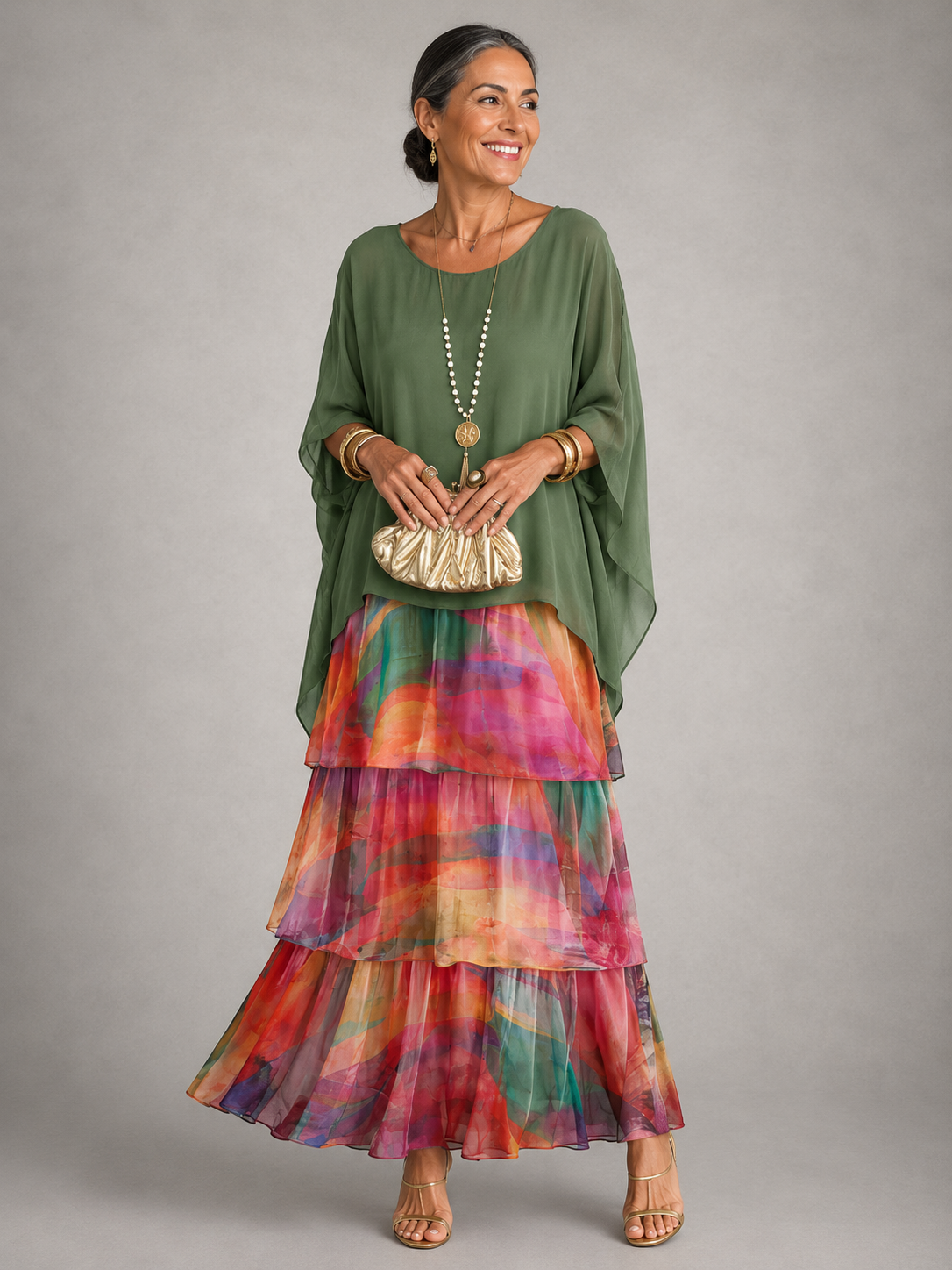 Lara abito lungo elegante fluido verde scuro