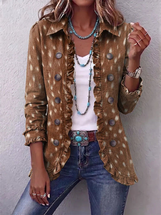 Nicolasa™ — Giacca animalier macchiata marrone con volant, vista frontale