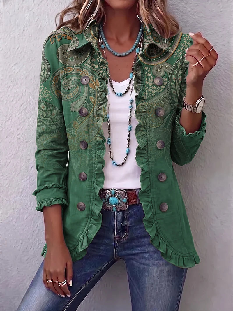 Jacinta™ — Giacca paisley verde con volant, vista frontale