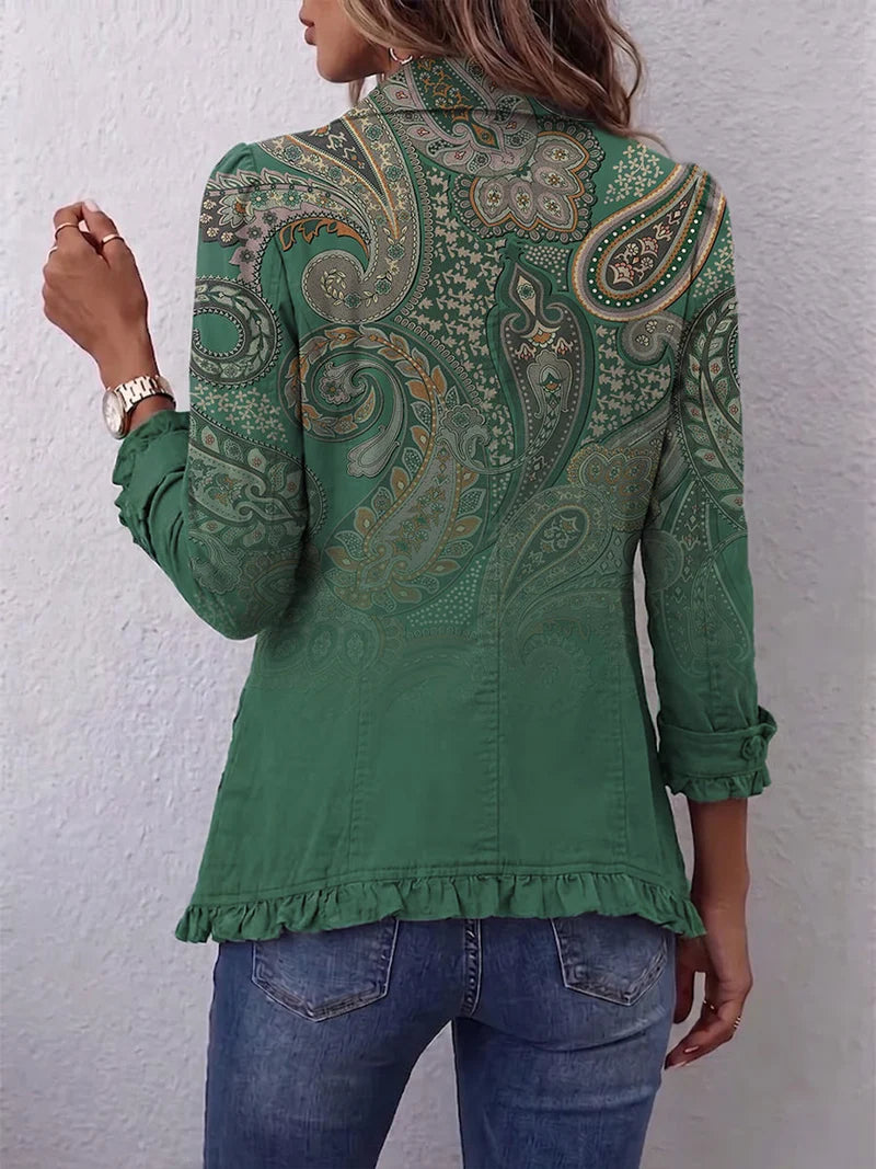 Jacinta™ — Giacca paisley verde con volant, vista posteriore
